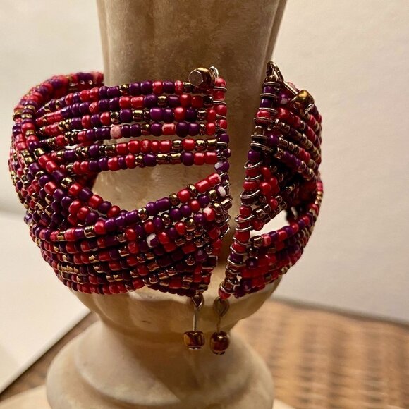 Gorgeous Oversized Boho Beaded Pink Cuff Bracelet - Picture 10 of 11